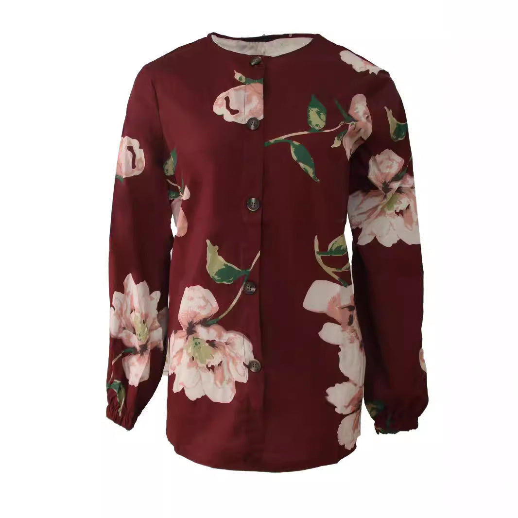 Women's Muslim Floral Shirt Robe Fashion Puff Sleeve Shirt