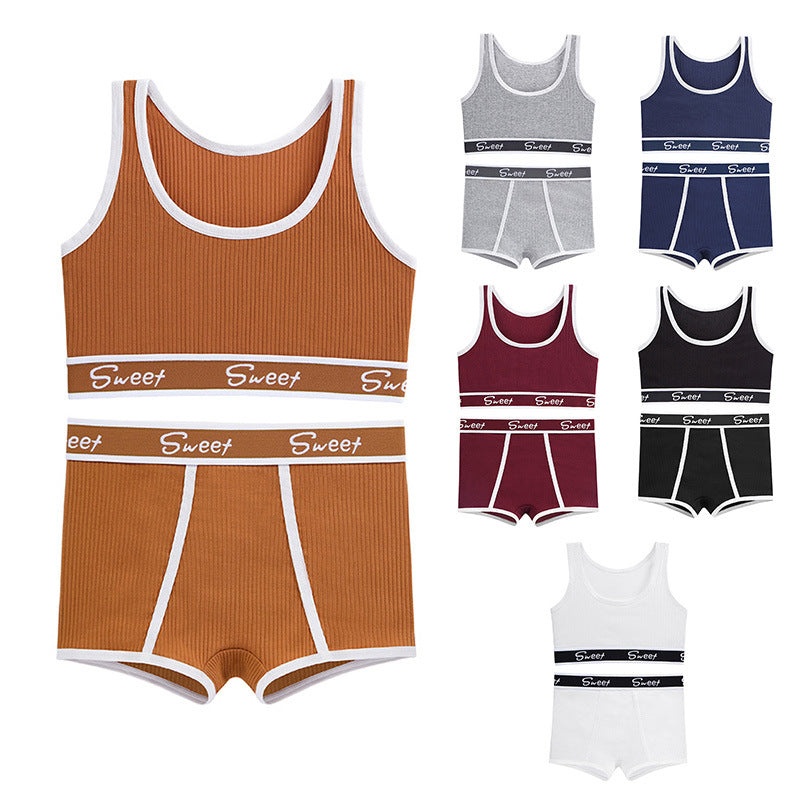 European And American Spice Girl Fitness Cotton Women's Lingerie Wide-brimmed Letter Sports Vest Mid-waist Boxer Bra Suit