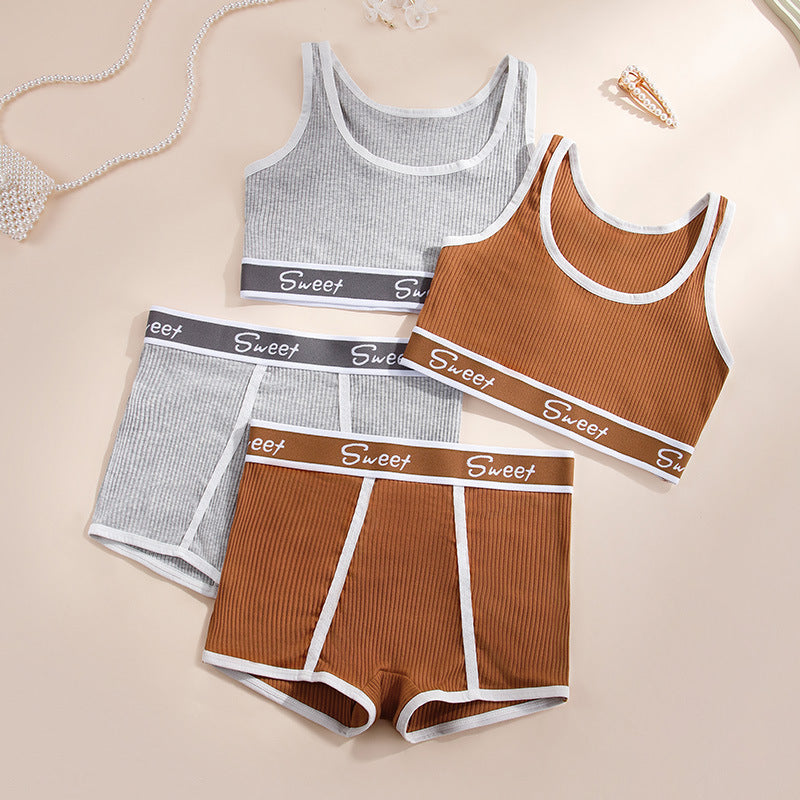 European And American Spice Girl Fitness Cotton Women's Lingerie Wide-brimmed Letter Sports Vest Mid-waist Boxer Bra Suit