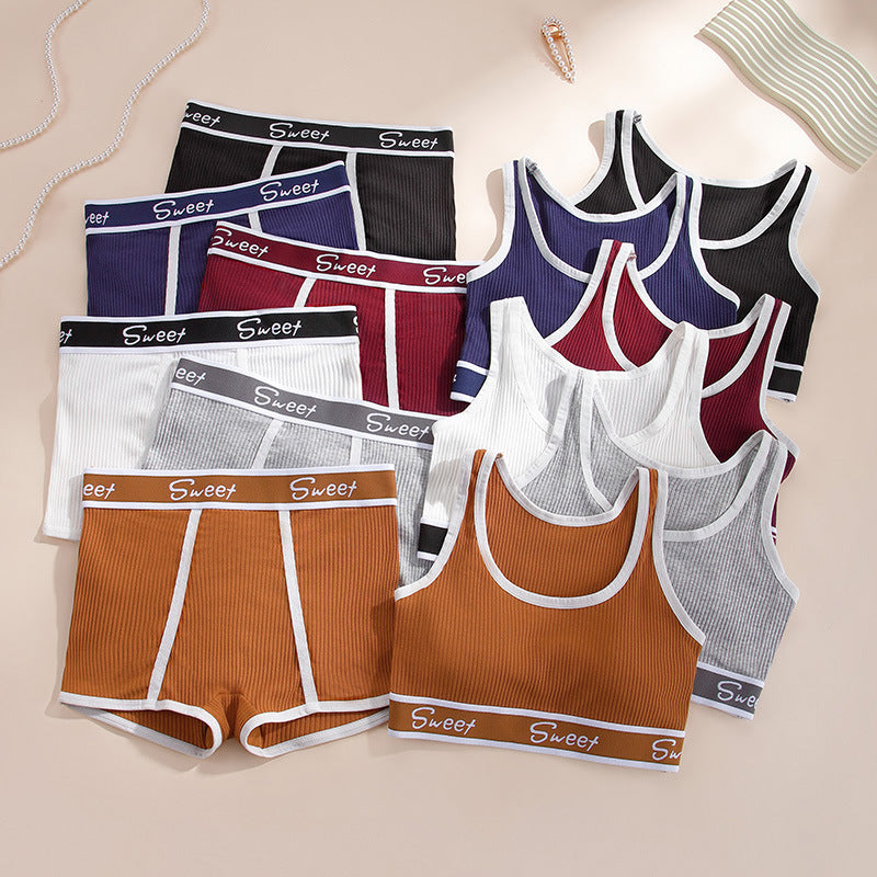 European And American Spice Girl Fitness Cotton Women's Lingerie Wide-brimmed Letter Sports Vest Mid-waist Boxer Bra Suit