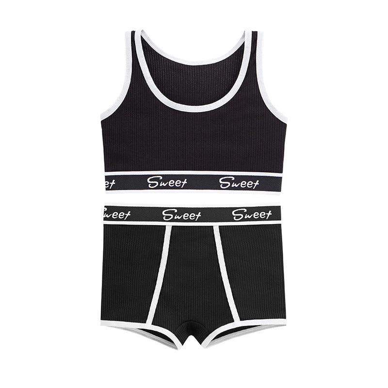 European And American Spice Girl Fitness Cotton Women's Lingerie Wide-brimmed Letter Sports Vest Mid-waist Boxer Bra Suit