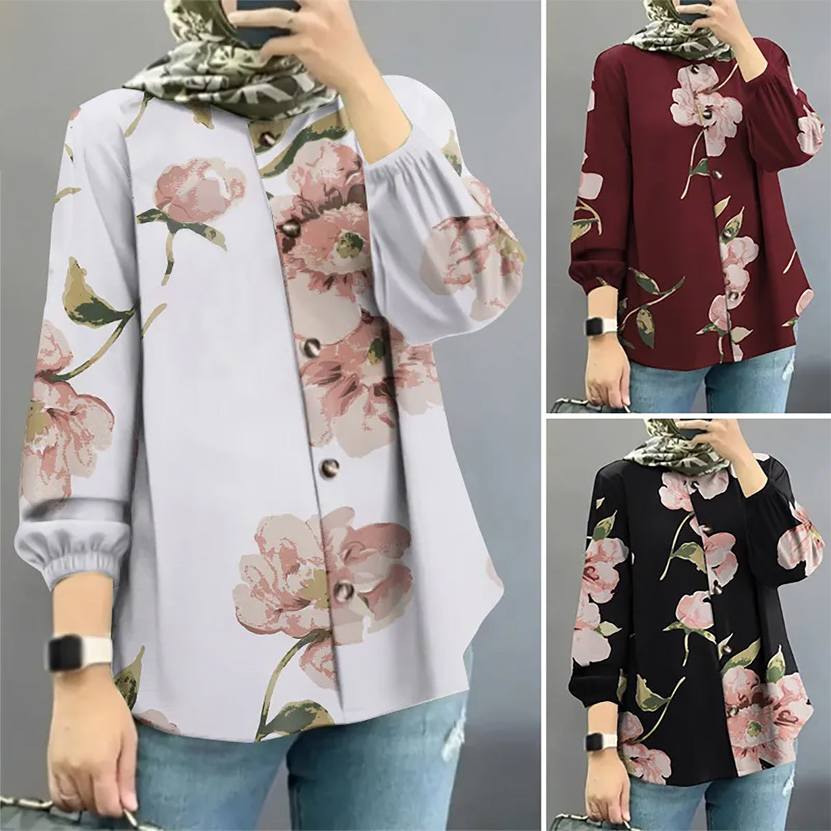 Women's Muslim Floral Shirt Robe Fashion Puff Sleeve Shirt