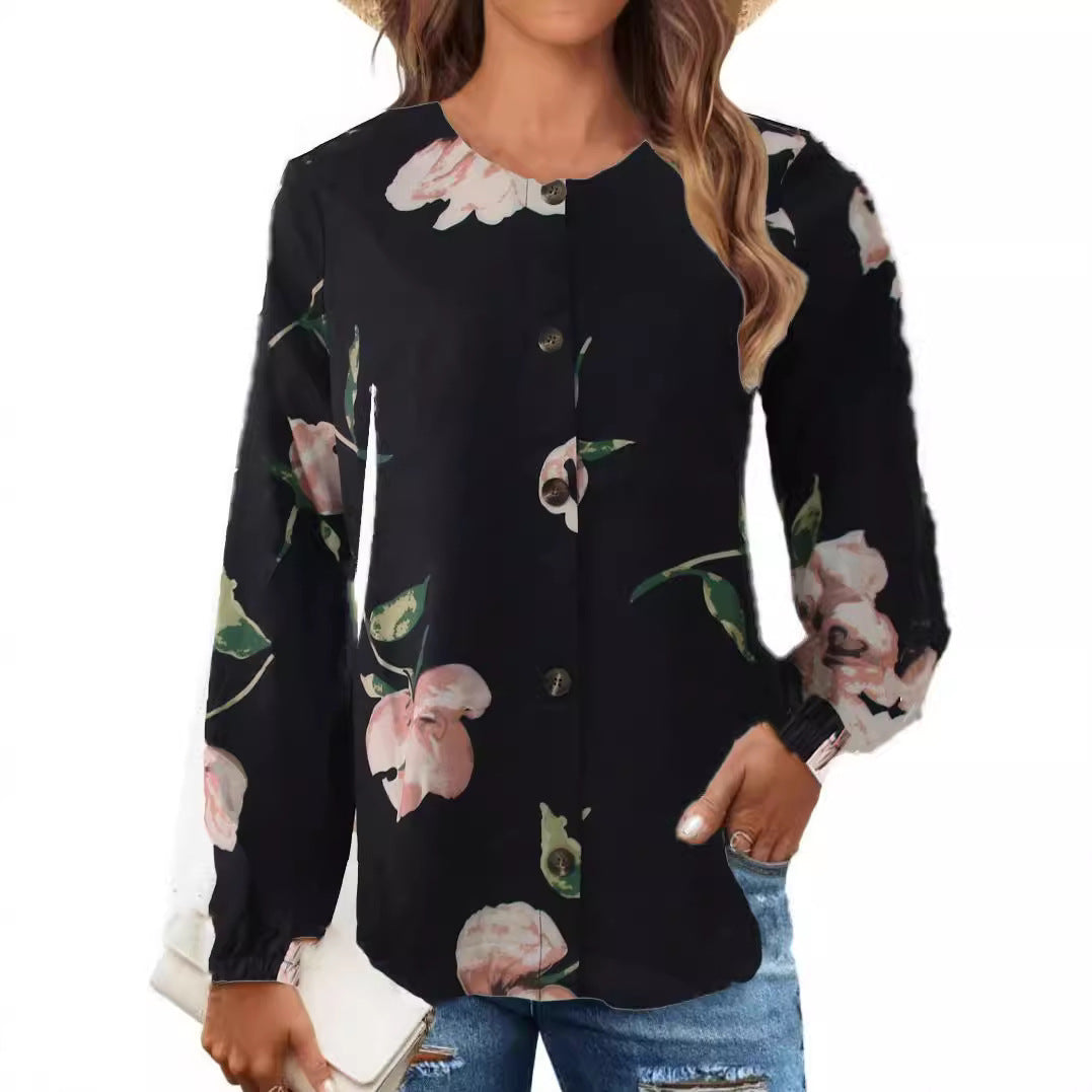 Women's Muslim Floral Shirt Robe Fashion Puff Sleeve Shirt