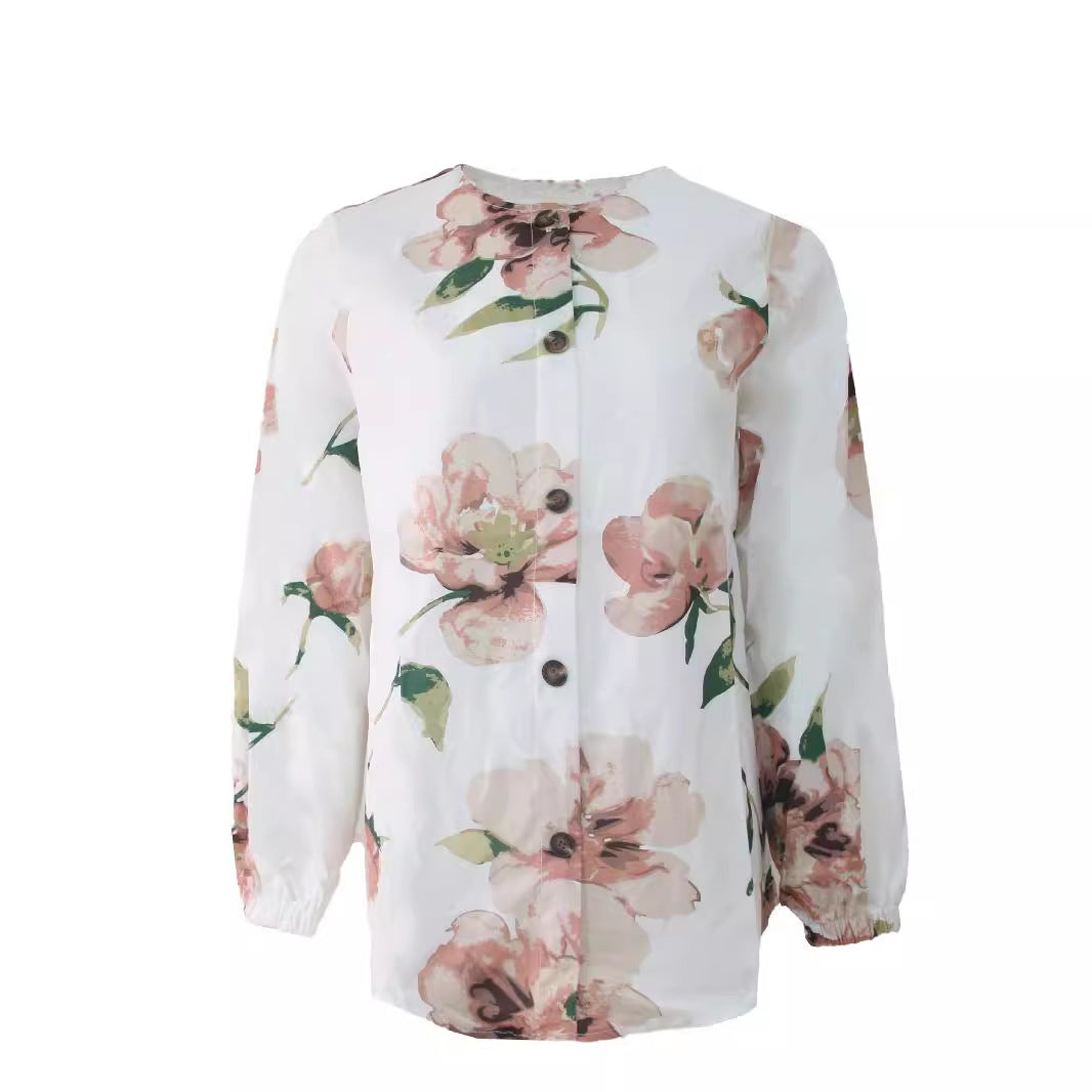 Women's Muslim Floral Shirt Robe Fashion Puff Sleeve Shirt